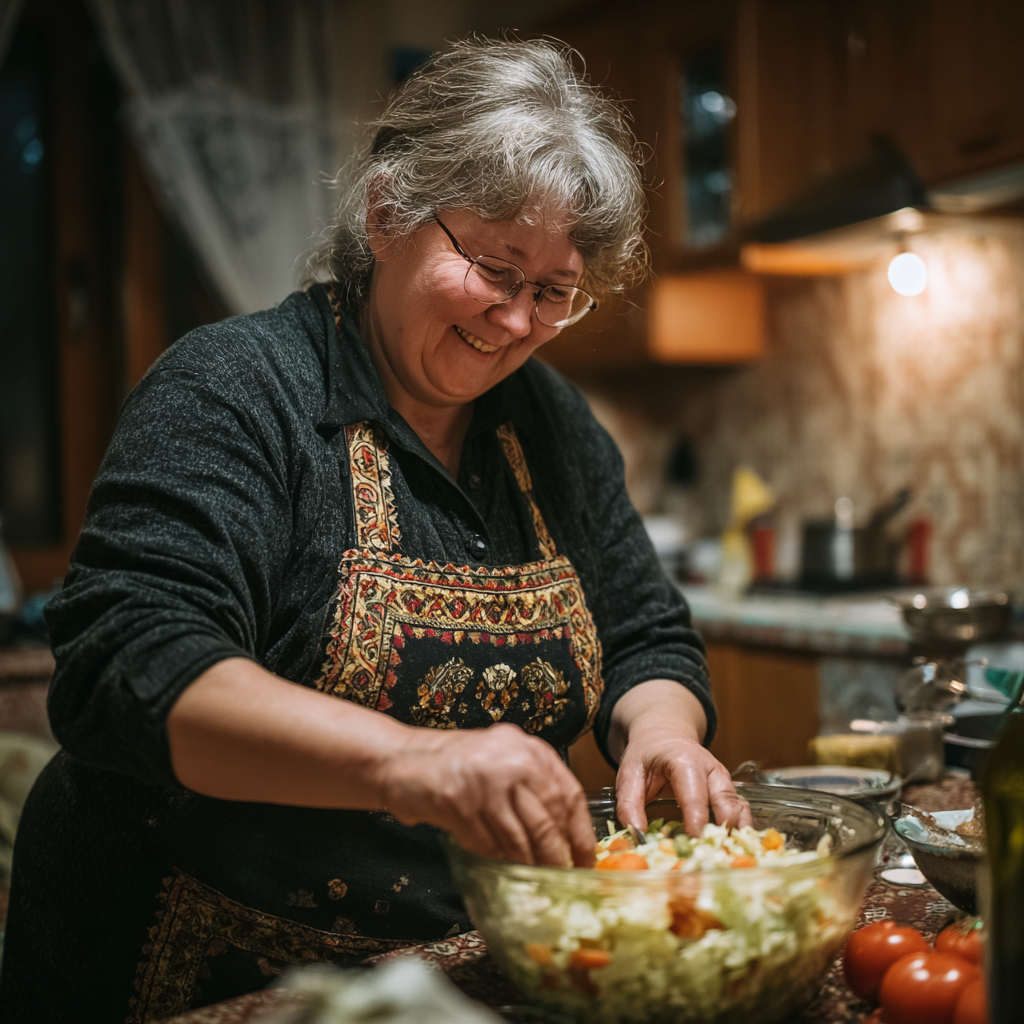 Femeia de 58 de ani în bucătărie, preparând o salată colorată cu legume proaspete, zâmbind cu satisfacție