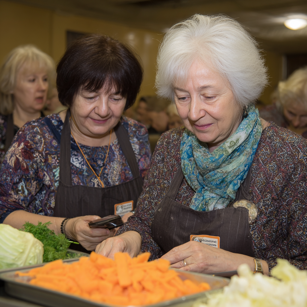 Cuplul de 60 de ani gătind împreună în bucătărie, urmând o rețetă de pe telefon, zâmbind și bucurându-se de procesul de preparare